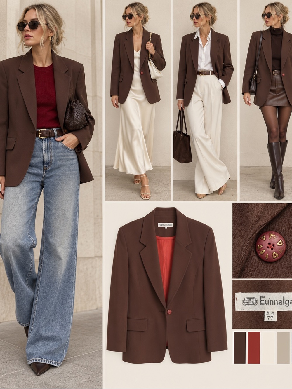 Vintage Korean Chocolate Brown Oversized Blazer Red Lining Size 77